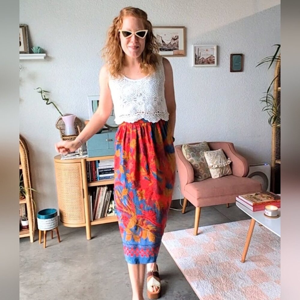 Vintage Umi Collections by Anne Crimmins Red Blue Patterned Silk Midi Skirt - Picture 2 of 9